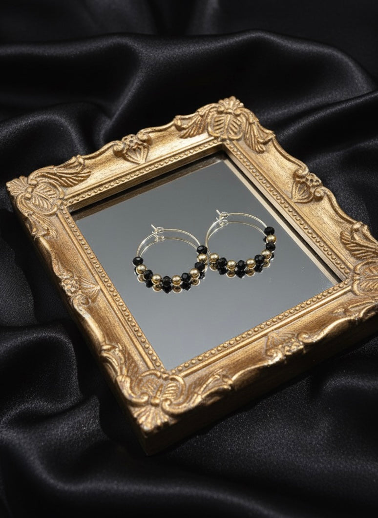 Black and Gold Beaded Hoop Earrings
