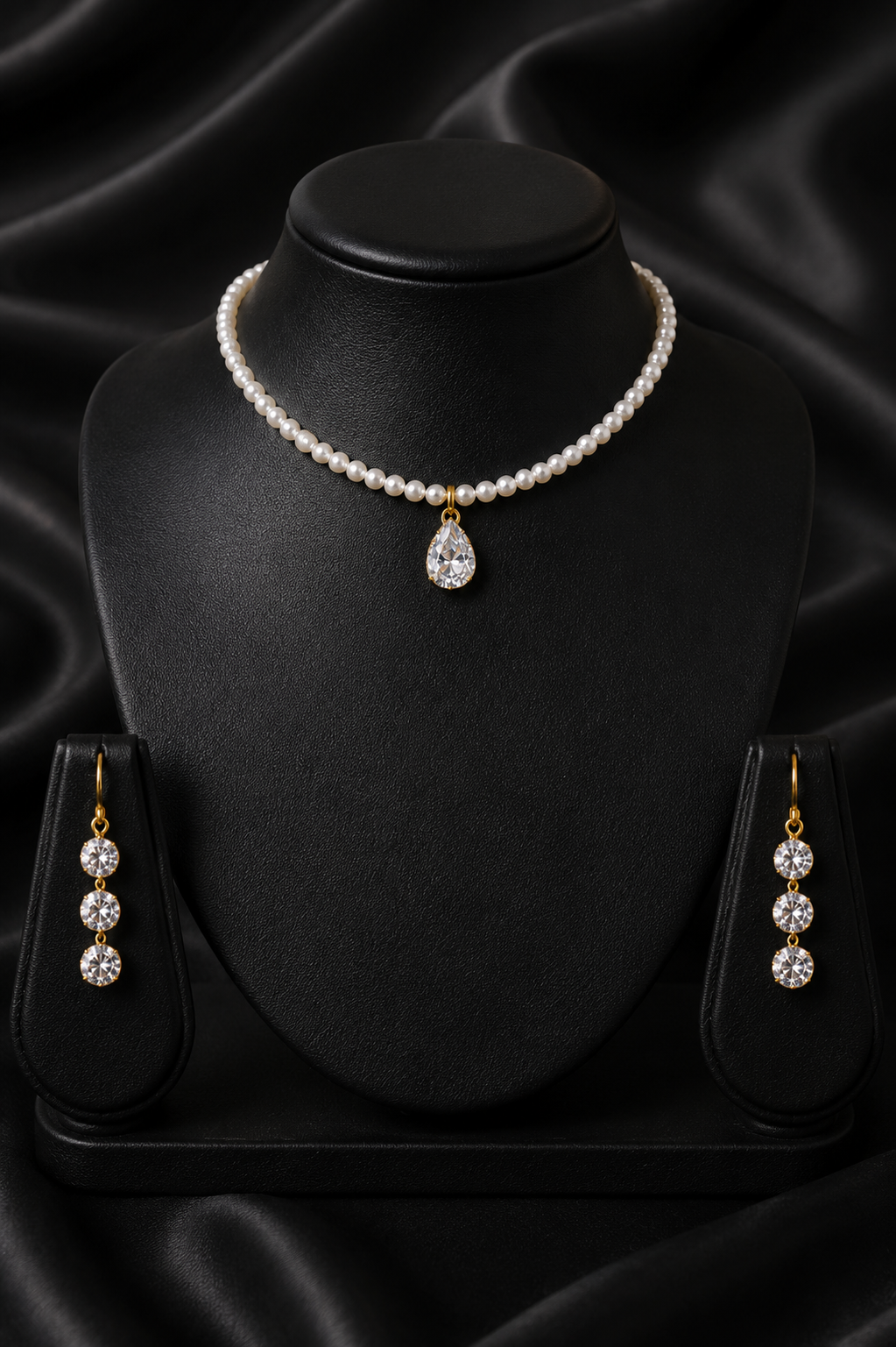 Dainty Pearl Choker Necklace with Tennis Earrings Set