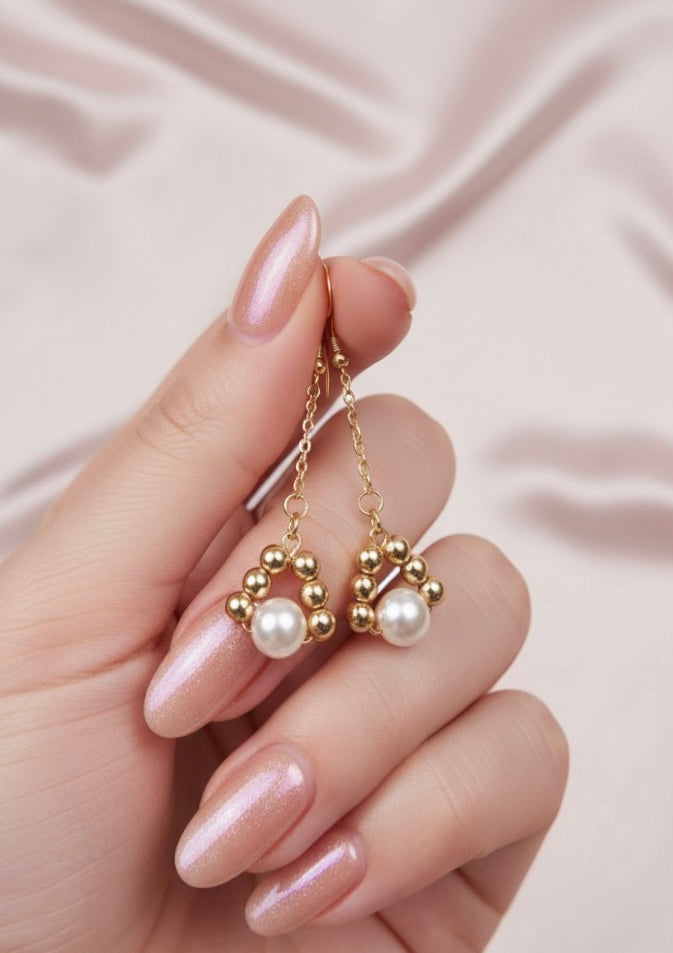 Geometric Gold and Pearl Drop Earrings