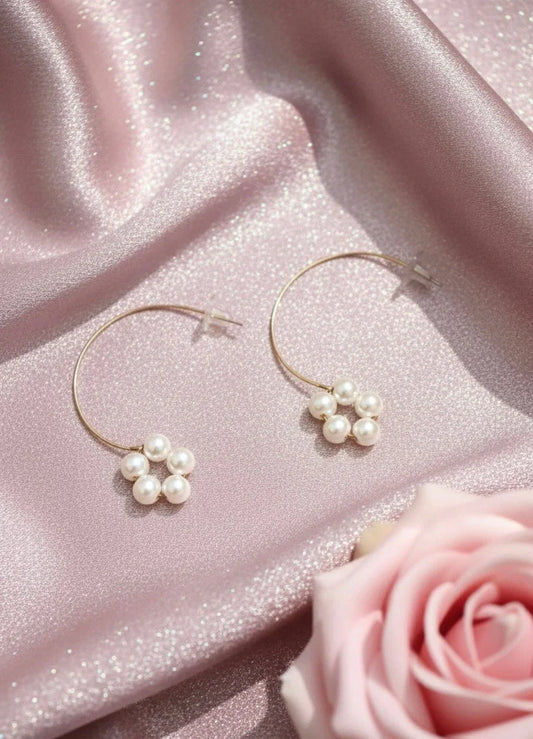 Pearl Flower Open Hoop Earrings