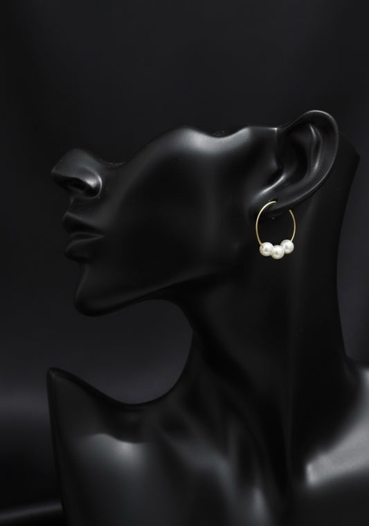 Pearl Trio Gold Hoop Earrings