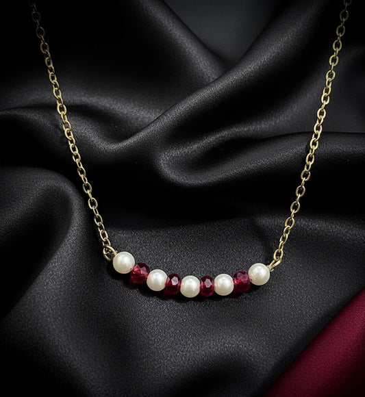 Pearls and Red Crystal Bar Necklace