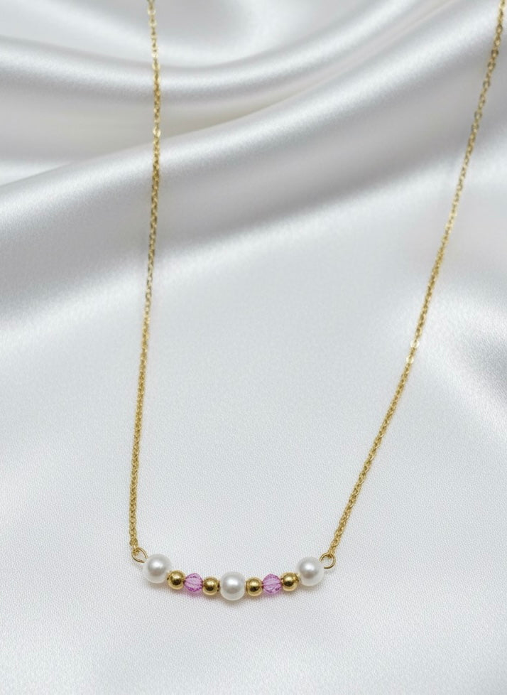 Pink Crystal & Pearl Beaded Bar Gold Necklace