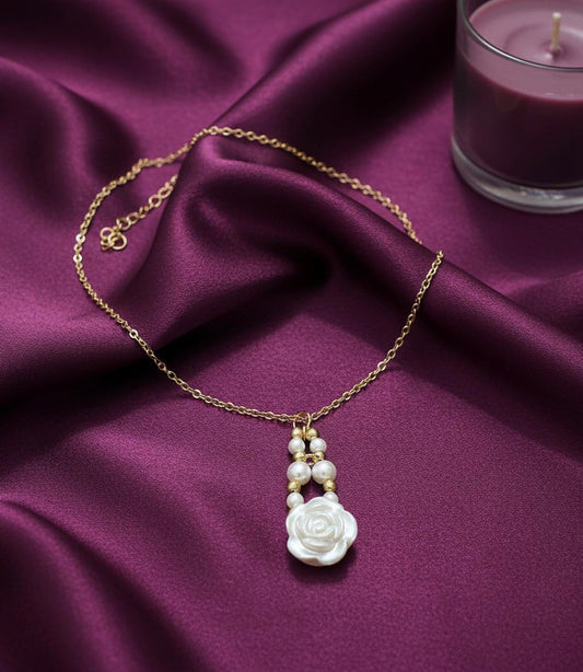 Rose Flower and Dangle Pearl Gold Necklace