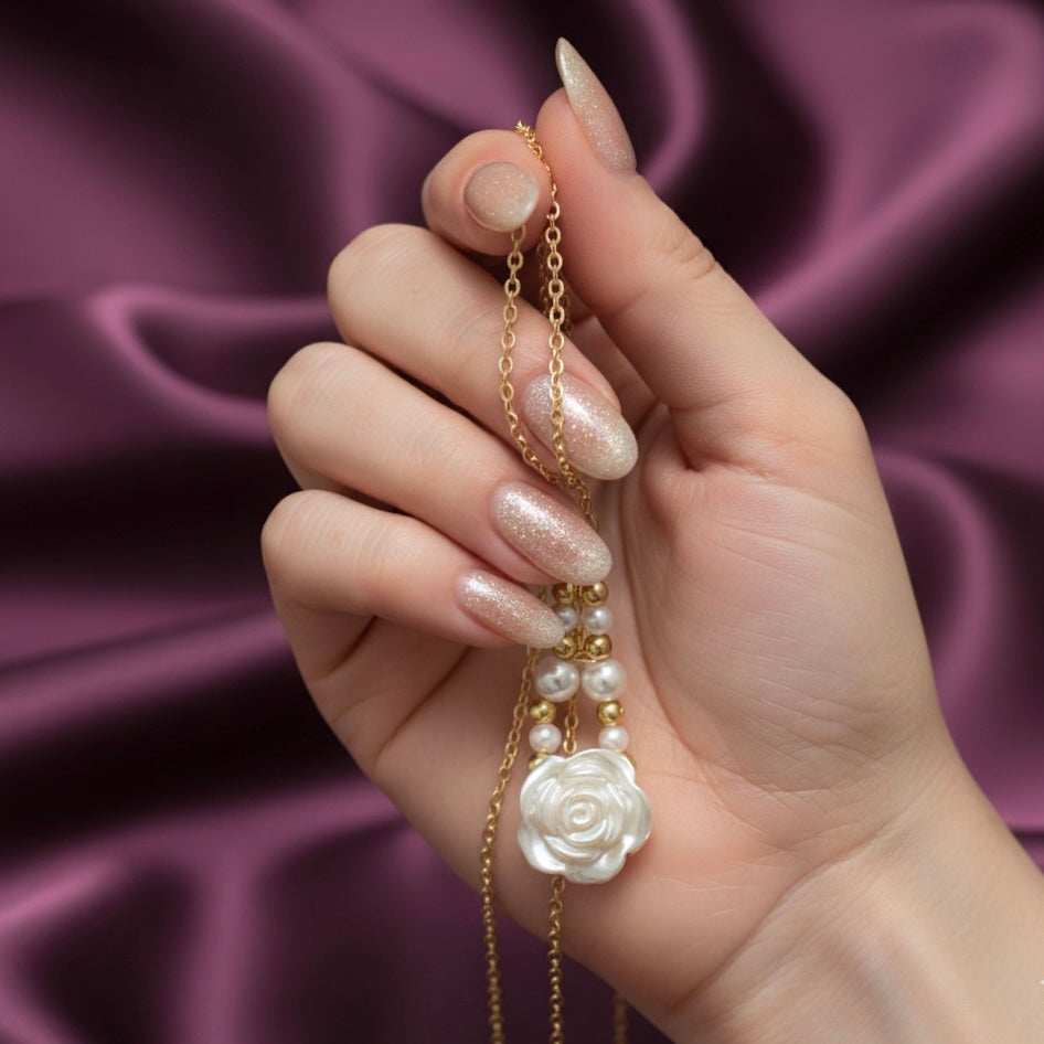 Rose Flower and Dangle Pearl Gold Necklace