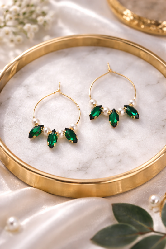 Simulated Emerald Green Stone with Pearl Hoops