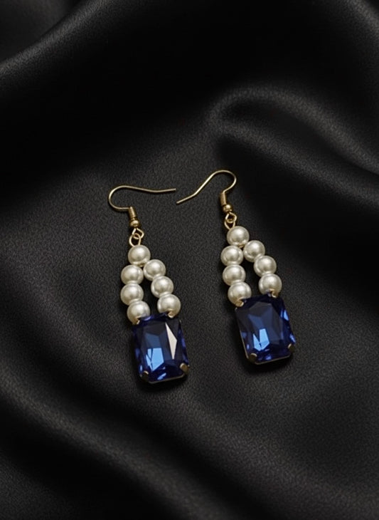 Simulated Sapphire Stone & Pearls Earring