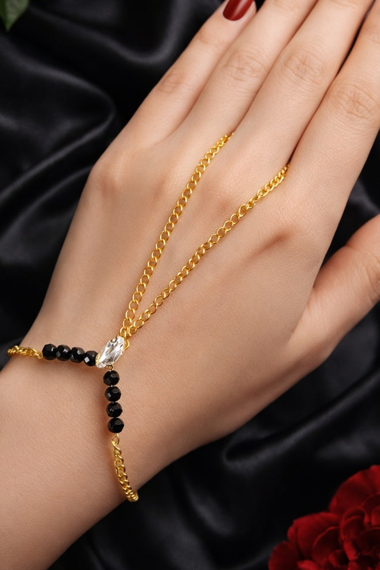 The Freya Finger Ring Chain Bracelet - Black & Silver