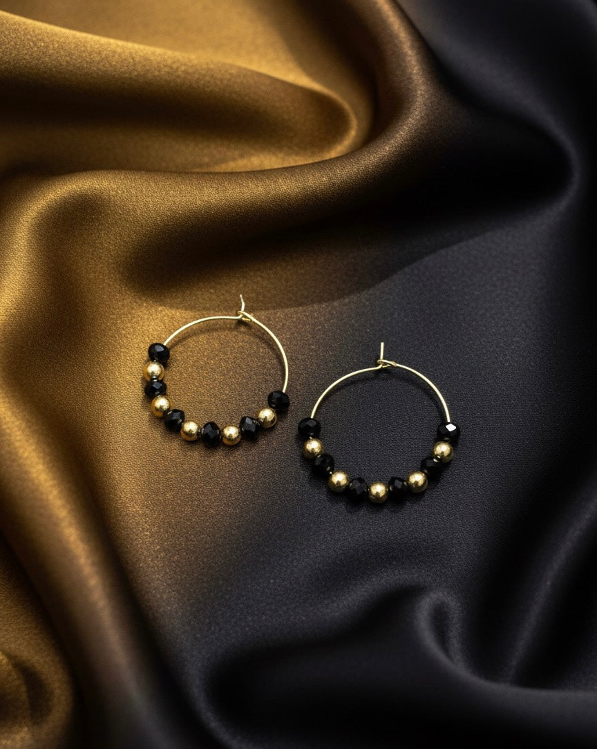 Black and Gold Beaded Hoop Earrings