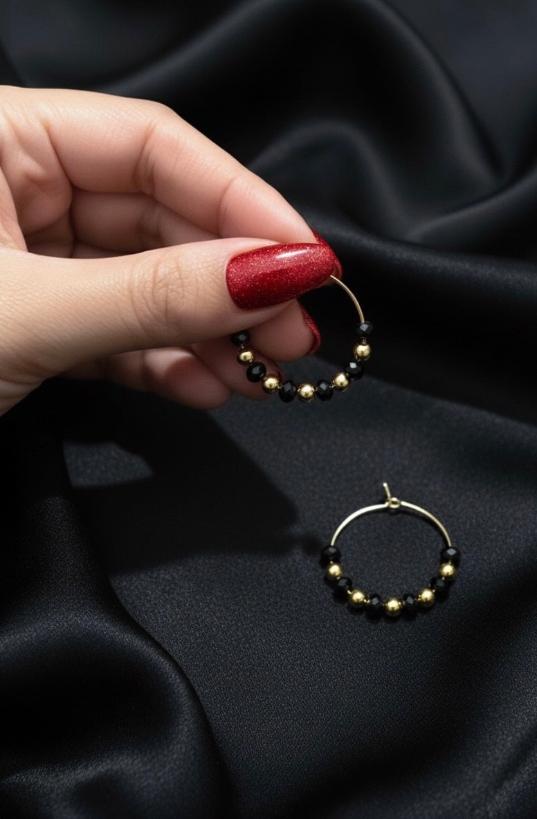 Black and Gold Beaded Hoop Earrings