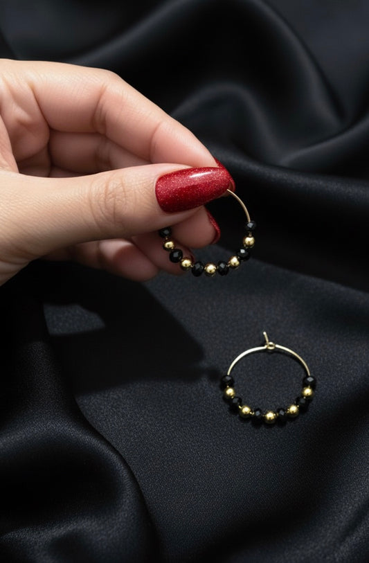 Black and Gold Beaded Hoop Earrings