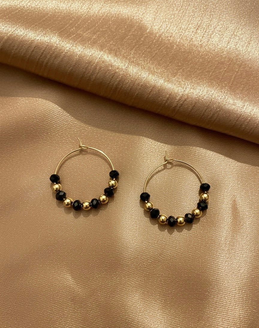 Black and Gold Beaded Hoop Earrings