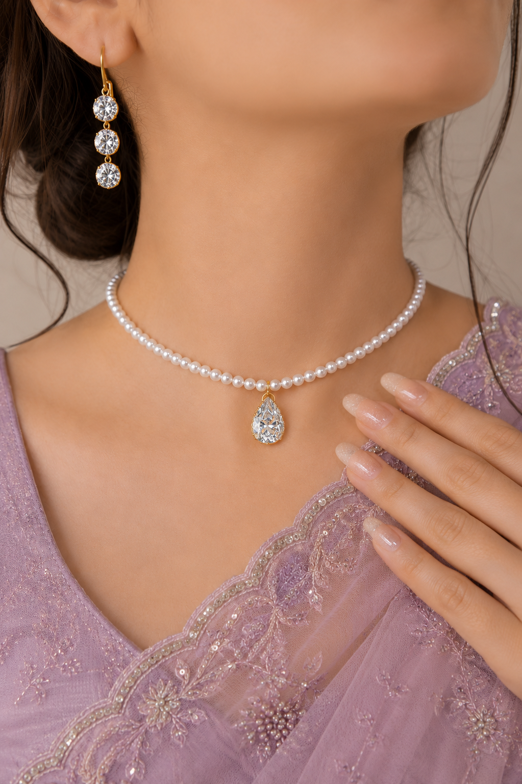 Dainty Pearl Choker Necklace with Tennis Earrings Set