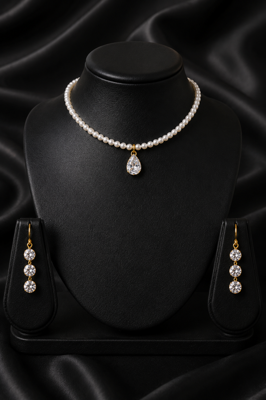 Dainty Pearl Choker Necklace with Tennis Earrings Set