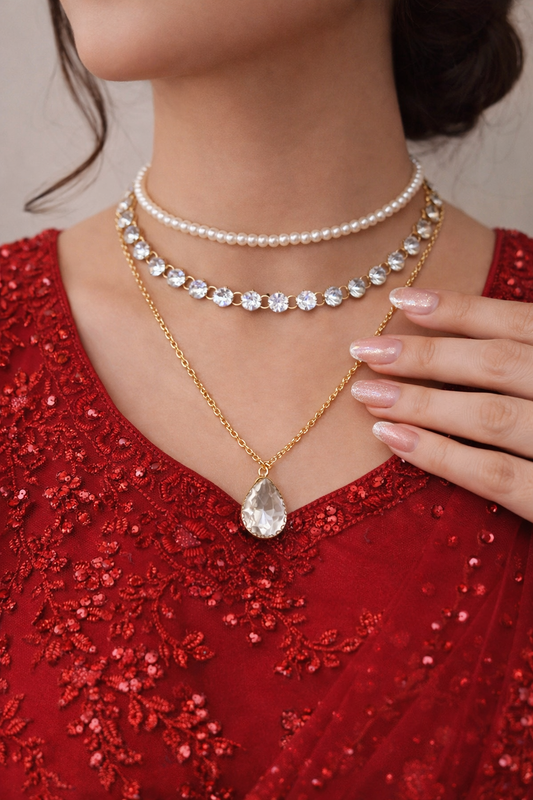 Diamond Cut and Pearls 3 Layer Necklace Set