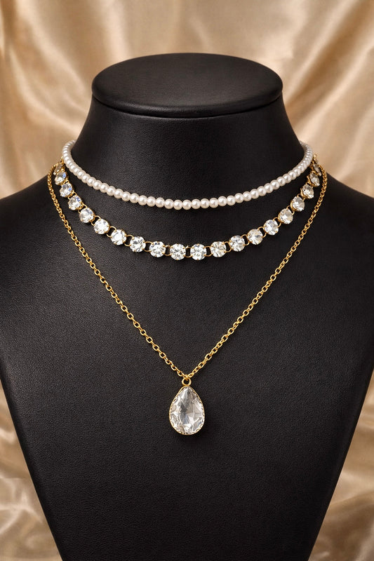 Diamond Cut and Pearls 3 Layer Necklace Set