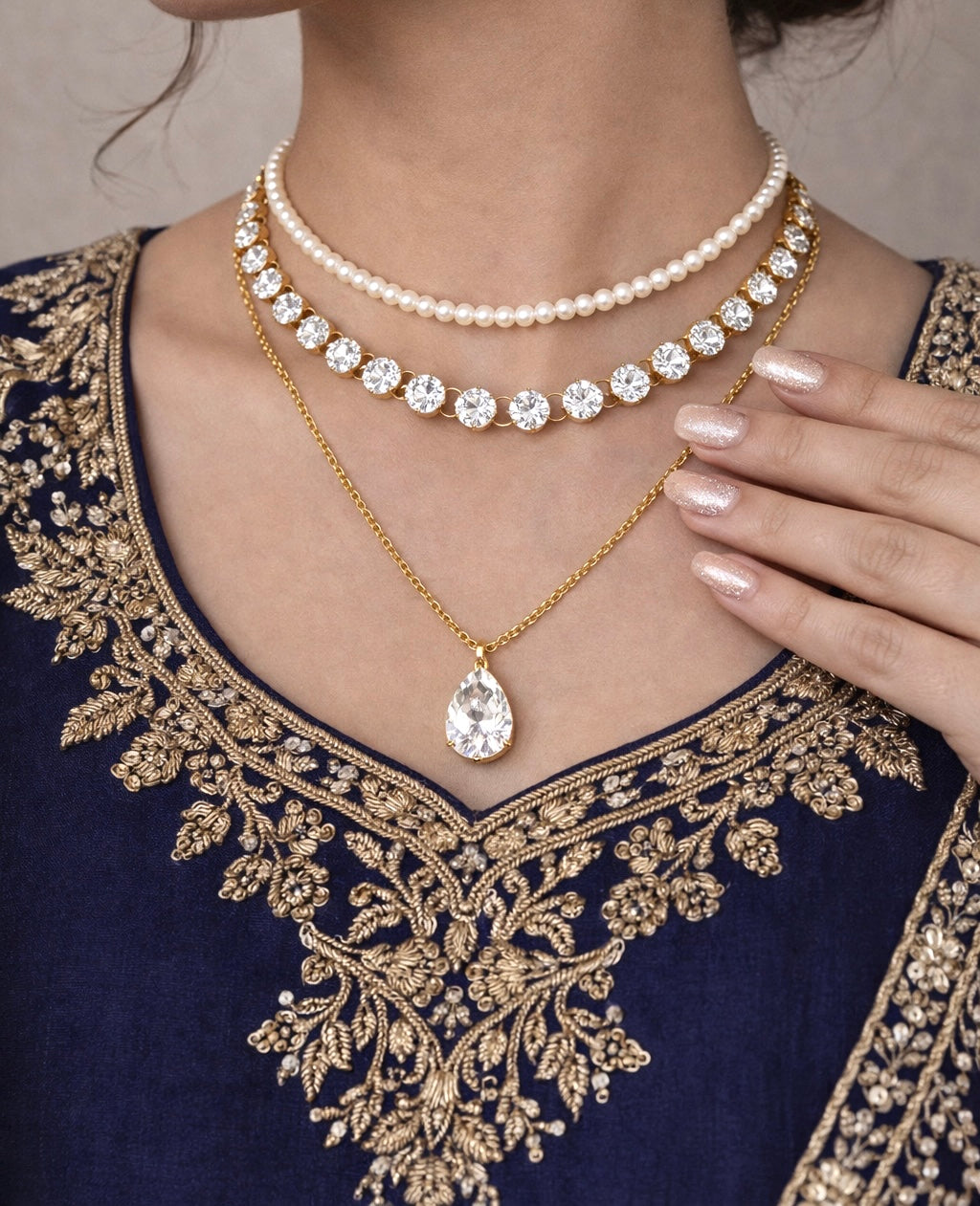 Diamond Cut and Pearls 3 Layer Necklace Set