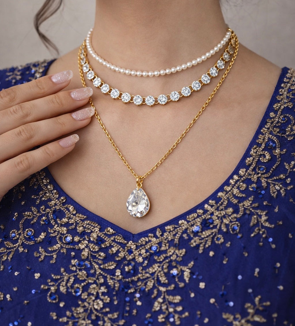 Diamond Cut and Pearls 3 Layer Necklace Set