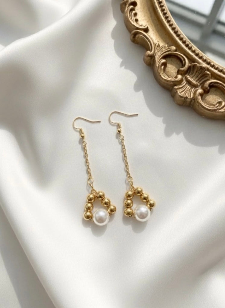 Geometric Gold and Pearl Drop Earrings