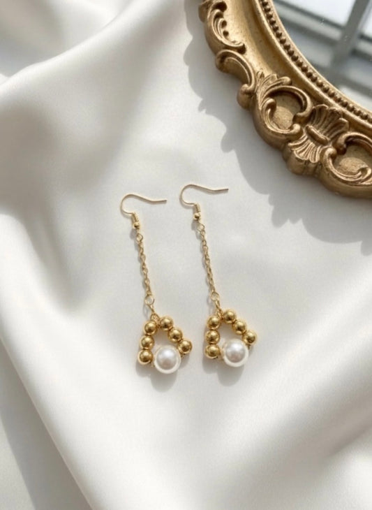 Geometric Gold and Pearl Drop Earrings
