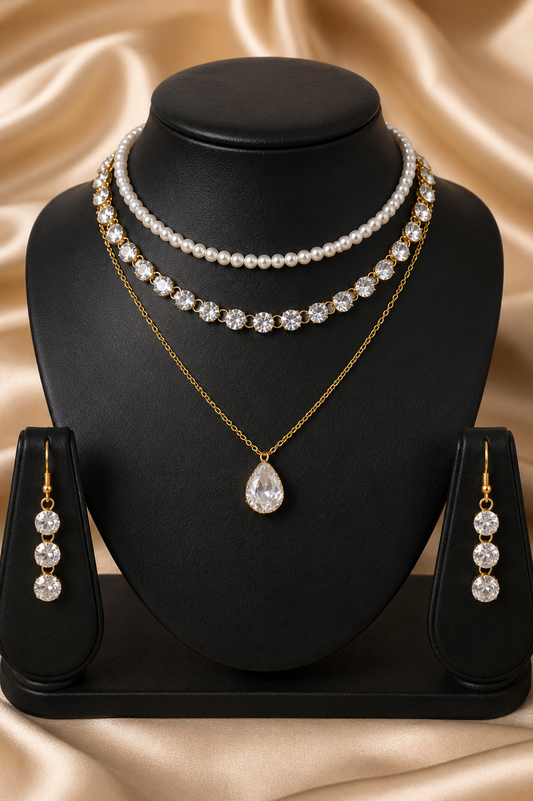 Diamond Cut & Pearls 3 Necklaces Stack with Earrings Set