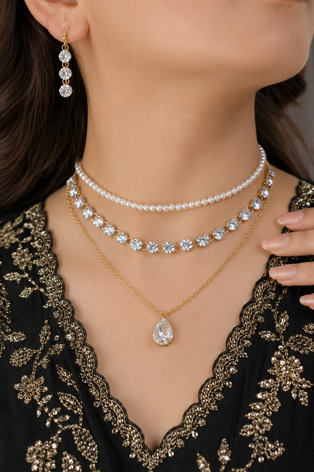 Diamond Cut & Pearls 3 Necklaces Stack with Earrings Set