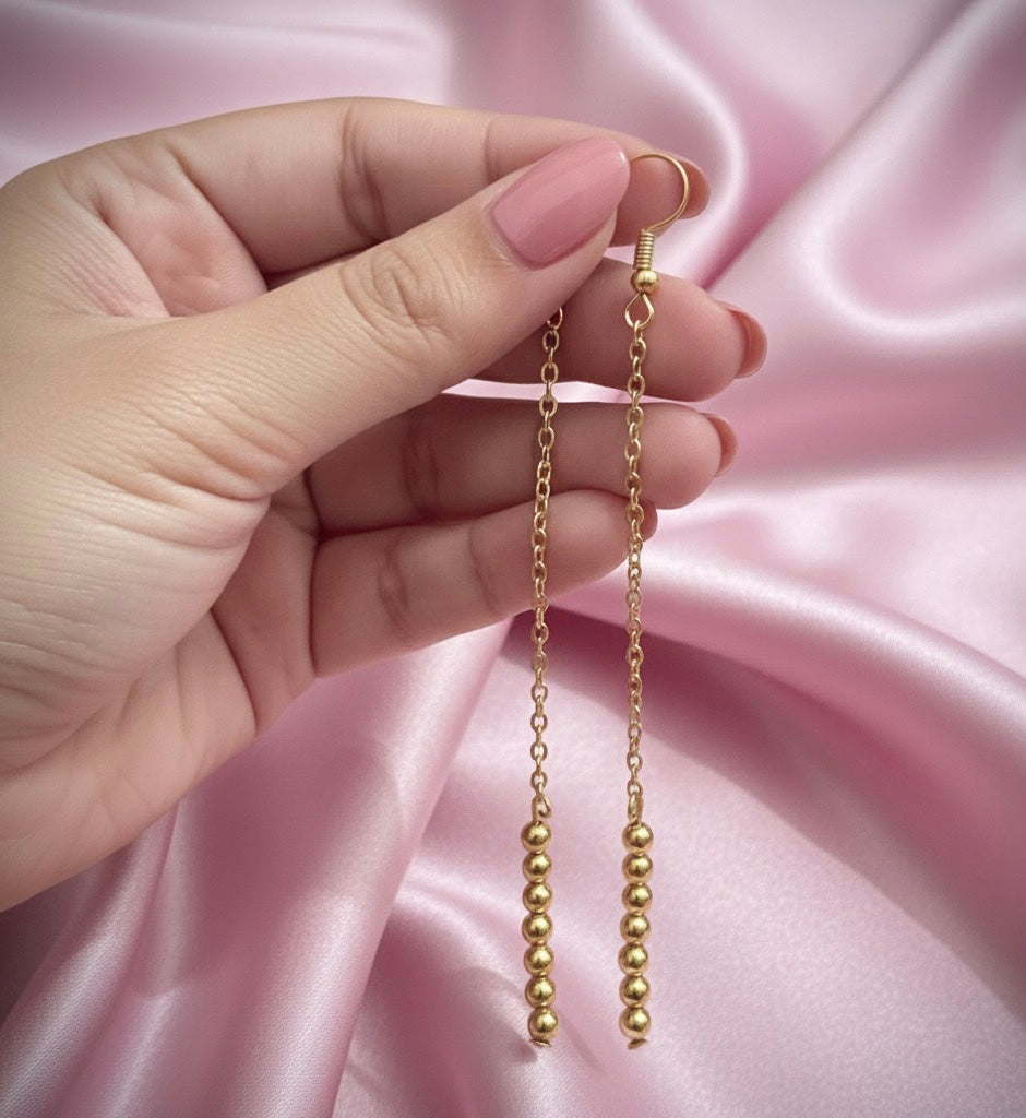 Modern Long Gold Beaded Dangle Earrings