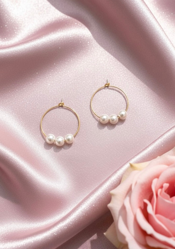 Pearl Trio Gold Hoop Earrings