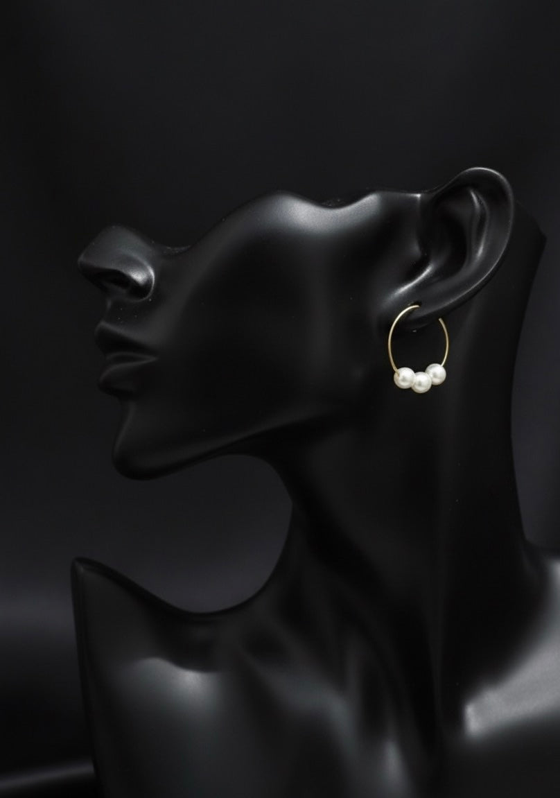 Pearl Trio Gold Hoop Earrings