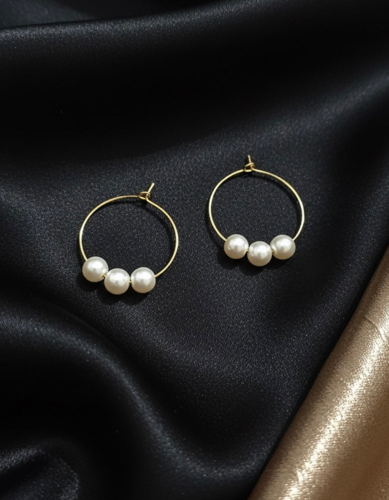 Pearl Trio Gold Hoop Earrings