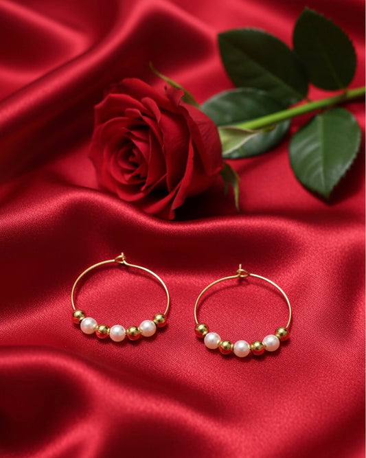 Pearl and Gold Beaded Hoop Earrings