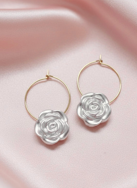 Pearl rose hoop earrings