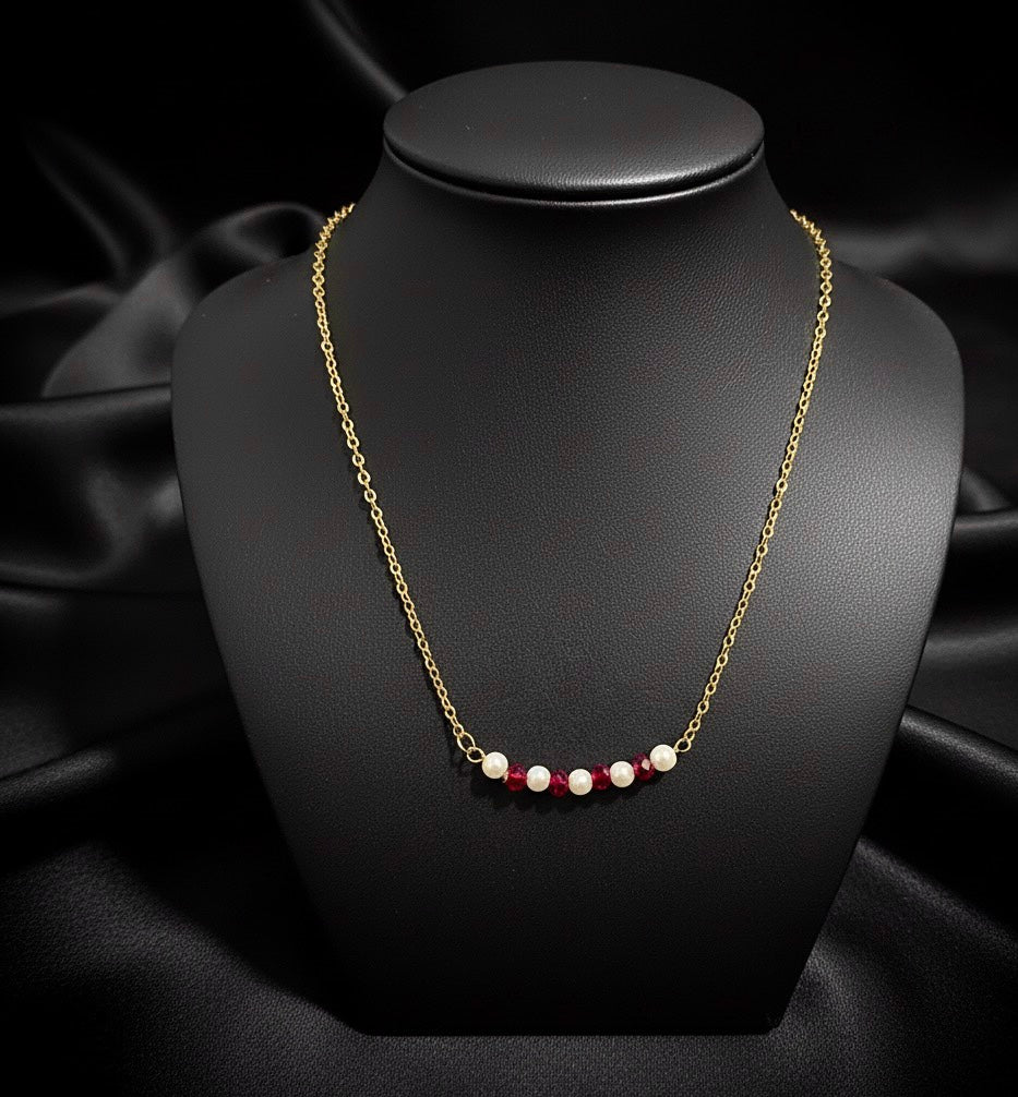 Pearls and Red Crystal Bar Necklace