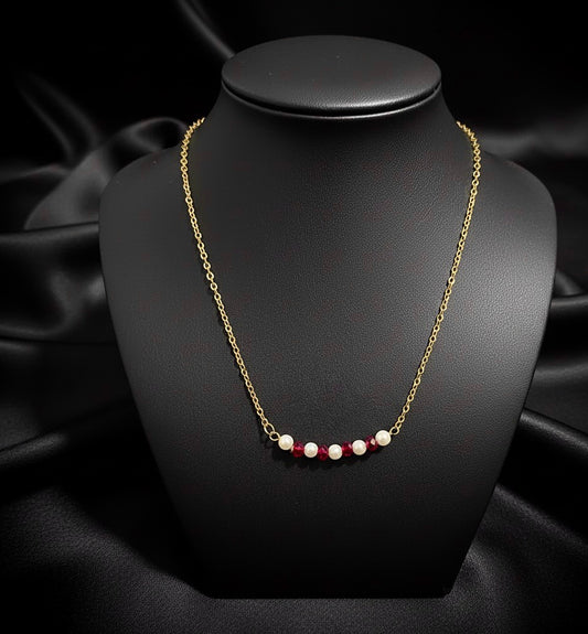 Pearls and Red Crystal Bar Necklace