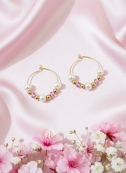 Pearls with Pink & Gold Beads Hoops