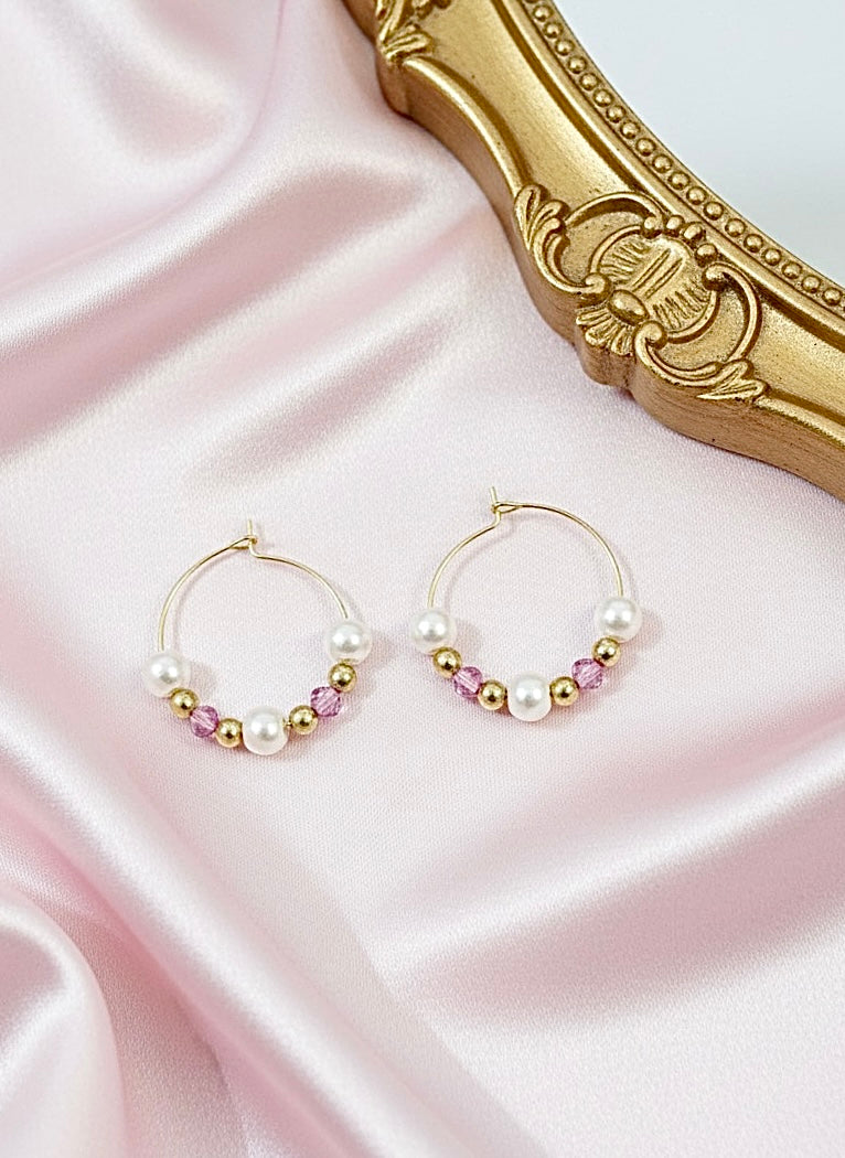 Pearls with Pink & Gold Beads Hoops