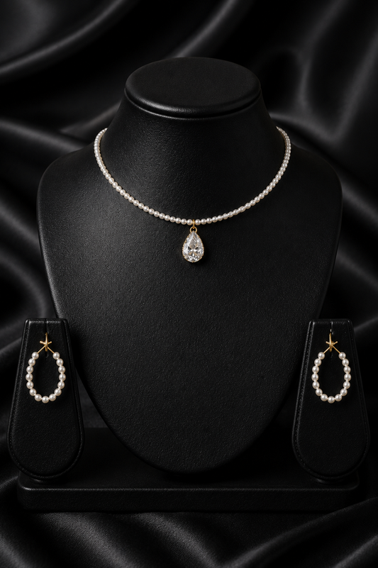 Pendant Pearl Choker with Pearl Hoops Set