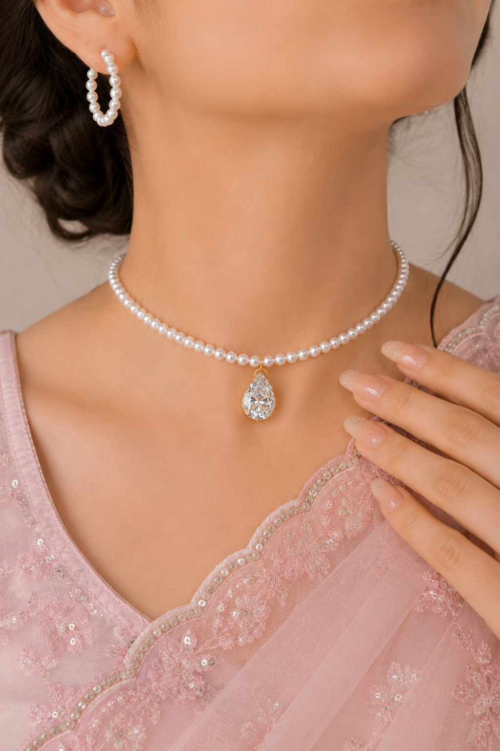 Pendant Pearl Choker with Pearl Hoops Set