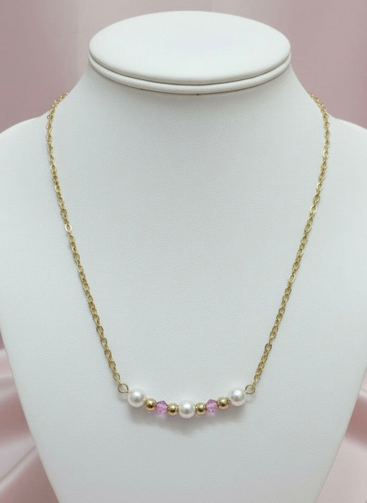 Pink Crystal & Pearl Beaded Bar Gold Necklace