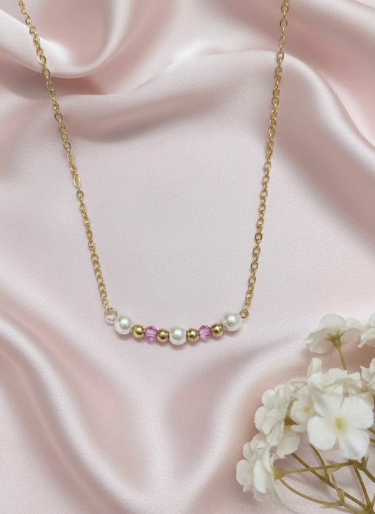 Pink Crystal & Pearl Beaded Bar Gold Necklace
