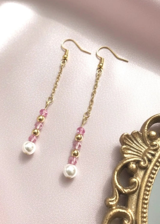Pink Pearl and Gold Dangle Earrings
