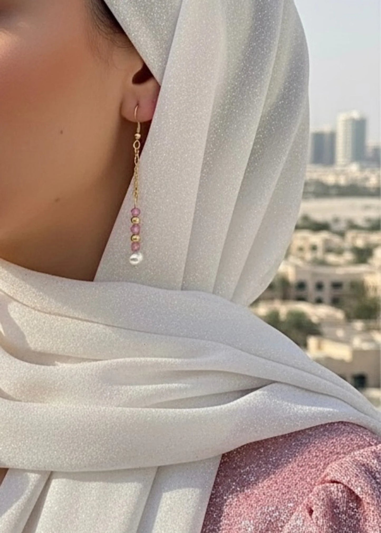Pink Pearl and Gold Dangle Earrings