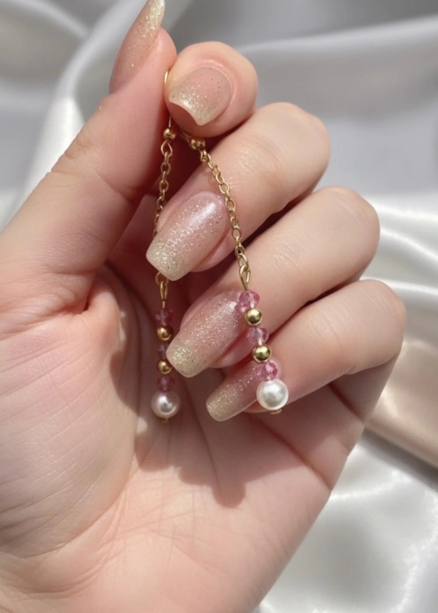 Pink Pearl and Gold Dangle Earrings