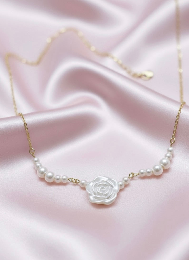 Rose Flower Center Pearl Gold Chain Necklace