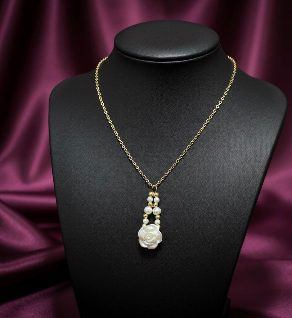 Rose Flower and Dangle Pearl Gold Necklace