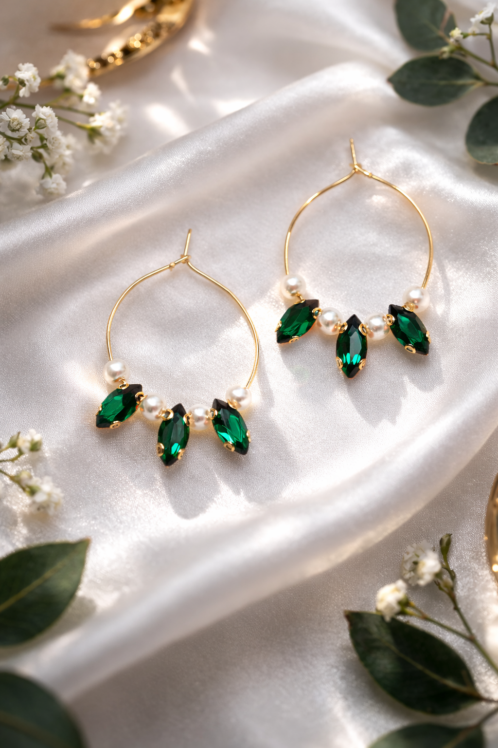 Simulated Emerald Green Stone with Pearl Hoops