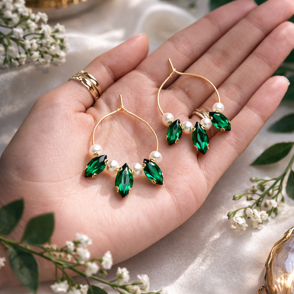 Simulated Emerald Green Stone with Pearl Hoops