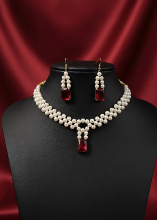 Simulated Ruby & Pearls Set