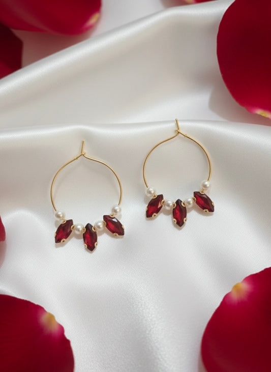 Simulated Ruby Red Stone with Pearl Hoops