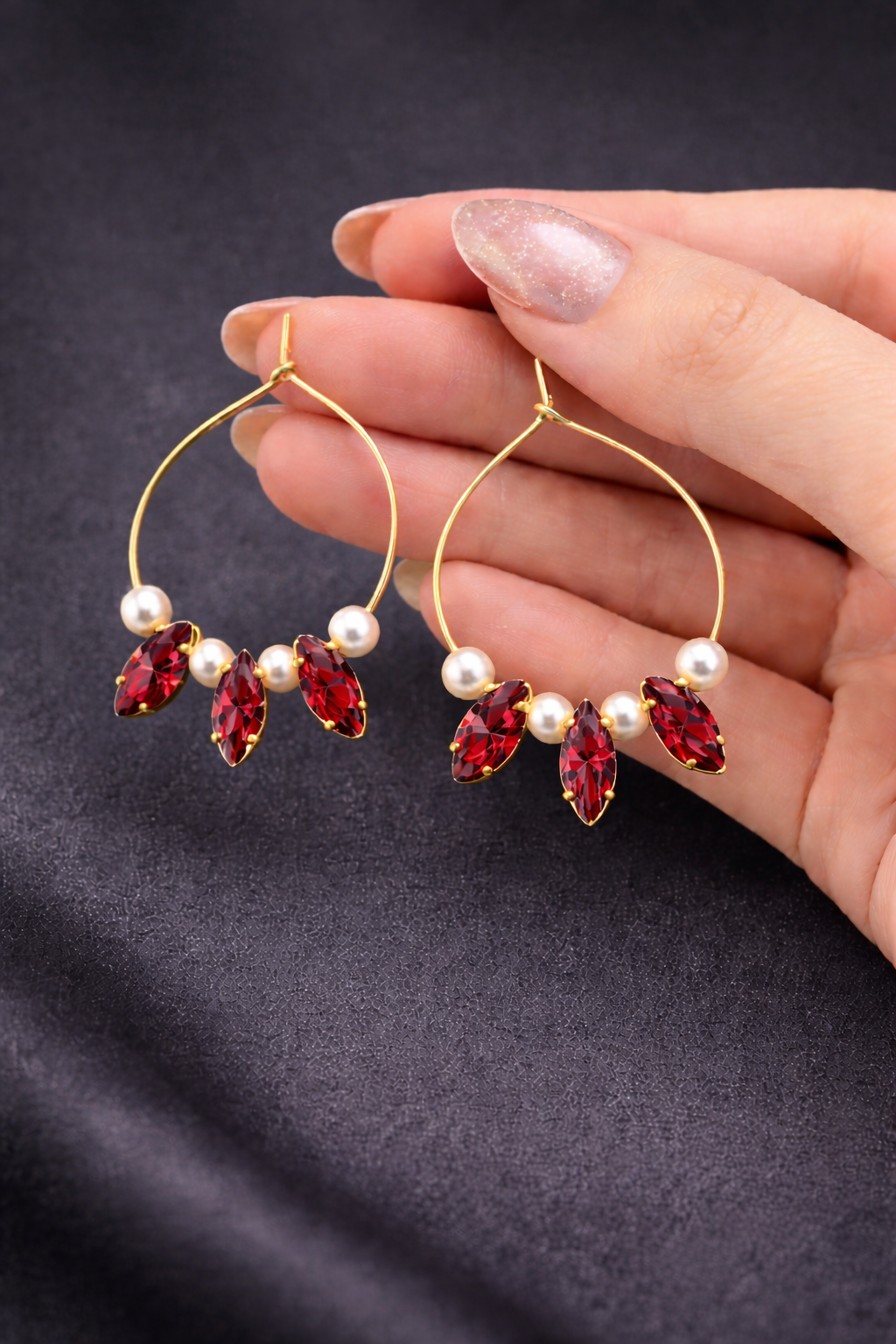 Simulated Ruby Red Stone with Pearl Hoops